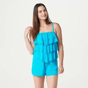 New With Tags $93 Fit 4 U Laser-Cut V-Tiered Bandeau Romper Turquoise Blue